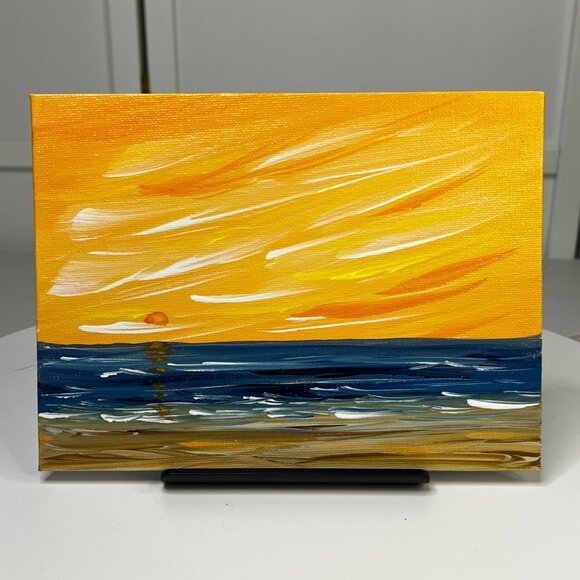 Sun Setting Over The Sea Acrylic Seascape Painting 6" x 8" Unframed - Signed - Picture 4 of 7